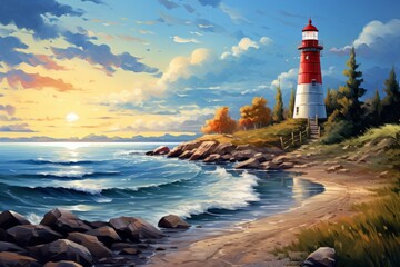 Fototapete Nautischer Stil Leuchtturm am Meer Ölgemälde  © Adames Art Studio
