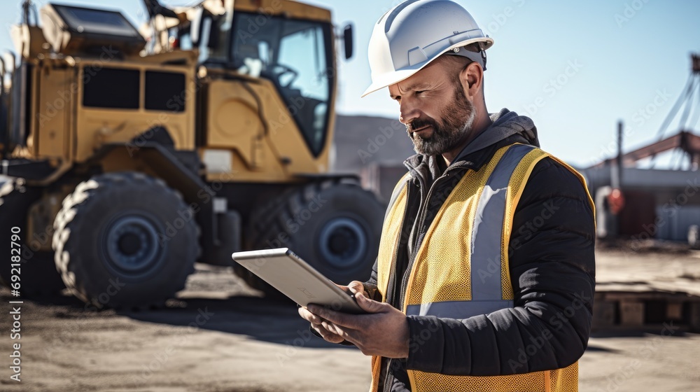 Portrait Caucasian Male Civil Engineer Using Tablet On Construction Site. Man Inspecting Building Progress. Excavator Loading Materials Into Big Industrial Truck. Generative AI Portrait Caucasian Male Civil Engineer Using Tablet On Construction Site. Man Inspecting Building Progress. Excavator Loading Materials Into Big Industrial Truck. Generative AI