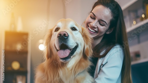 Beautiful Female Veterinarian Petting a Noble Golden Retriever Dog. Healthy Pet on a Check Up Visit in Veterinary Clinic. Generative AI photo