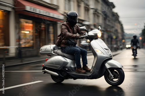Motorcyclist in black jacket and helmet riding a scooter on the street