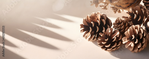 Aesthetic lifestyle Christmas holiday background with brown pine cones and aesthetic natural sunlight shadows on light taupe beige table. Christmas postcard template, business branding design