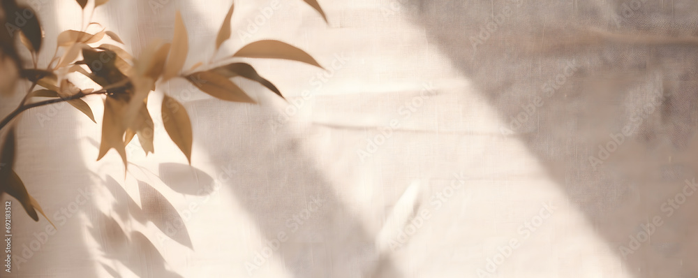 Abstract floral sunlight shadow silhouette on neutral beige linen cloth texture background. Minimal aesthetic boho wedding background or sustainable business brand template  - obrazy, fototapety, plakaty 