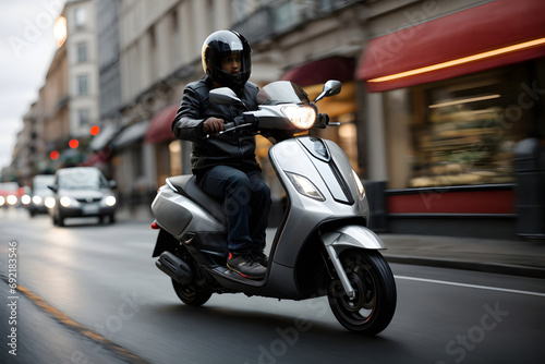 Motorcyclist in black jacket and helmet riding a scooter on the street