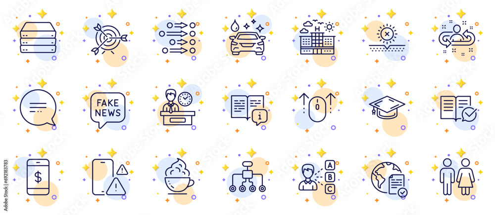 Outline set of Restroom, Target and Coffee cup line icons for web app. Include No sun, Online voting, Phone warning pictogram icons. Hotel, Approved documentation, Restructuring signs. Vector Outline set of Restroom, Target and Coffee cup line icons for web app. Include No sun, Online voting, Phone warning pictogram icons. Hotel, Approved documentation, Restructuring signs. Vector