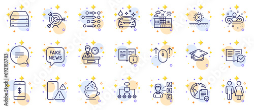 Outline set of Restroom, Target and Coffee cup line icons for web app. Include No sun, Online voting, Phone warning pictogram icons. Hotel, Approved documentation, Restructuring signs. Vector