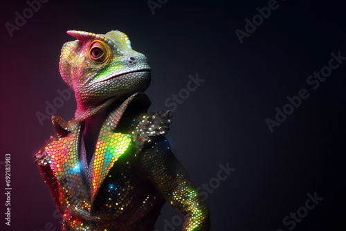 Fototapeta Naklejka Na Ścianę i Meble -  Creative animal concept. Chameleon reptile in disco neon glitter glam shiny glow sequin outfit, copy text space. commercial, editorial advertisement party invitation invite, surreal surrealism	
