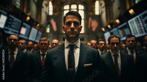 Stockbrokers - Wall Street - Dow Jones Stock exchange - low angle shot - well dressed - screens on the walls 