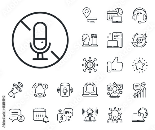 Mute mic sign. Place location, technology and smart speaker outline icons. No microphone line icon. No voice record symbol. No microphone line sign. Influencer, brand ambassador icon. Vector
