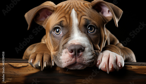 Cute bulldog puppy sitting, looking at camera, indoors, with sad eyes generated by AI