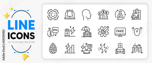 Currency rate, Reminder and Consumption growth line icons set for app include Info, Report, Seo gear outline thin icon. Artificial colors, Charging station, Cogwheel pictogram icon. Vector