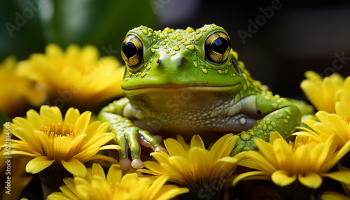 Cute toad sitting on wet leaf  looking at camera generated by AI