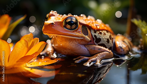 Cute toad sitting on wet leaf  looking at camera generated by AI