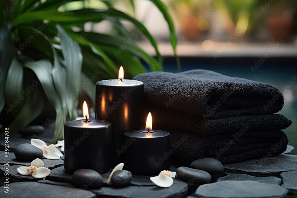 Spa stones with towels and candles Spa stones with towels and candles