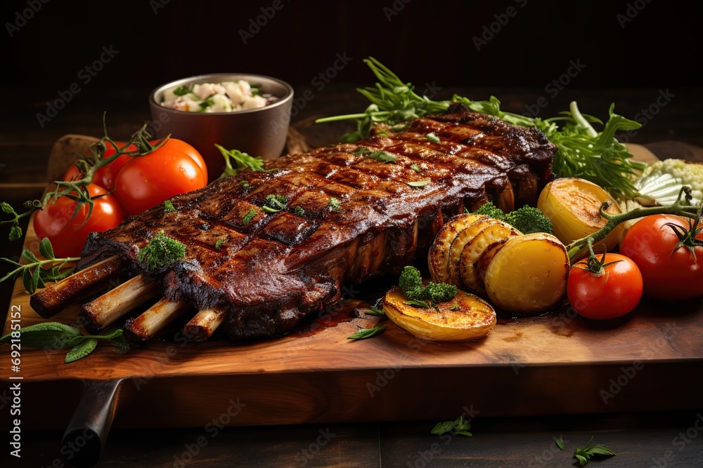 BBQ marinated meat with vegetables on wooden table BBQ marinated meat with vegetables on wooden table