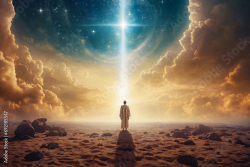 Man standing on the edge of the earth with a shining star in the background