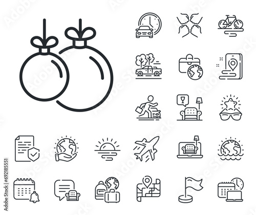 New year tree decoration sign. Plane jet, travel map and baggage claim outline icons. Christmas ball line icon. Christmas ball line sign. Car rental, taxi transport icon. Place location. Vector
