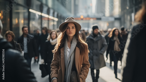 Portrait of a woman walking in modern city, dynamic movement, motion blur, cinematic colors, crowded street.