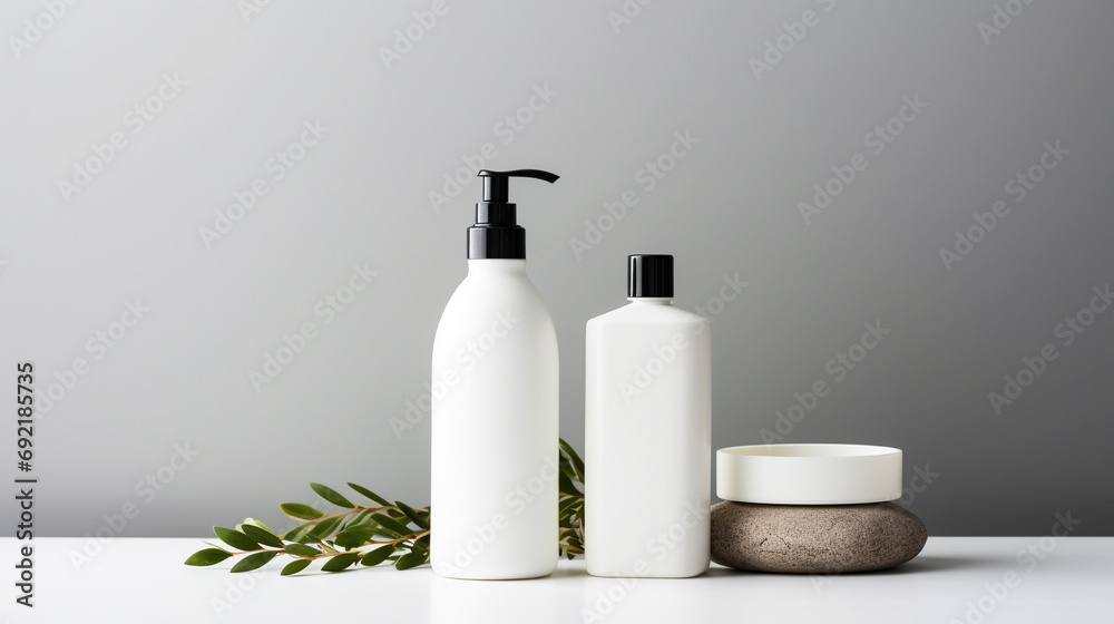 Minimalist Composition of Body Lotion and Hair Oil Products, Clean Aesthetics on a White Background, Showcasing Purity and Simplicity for a Professional, Label-Free Product Presentation