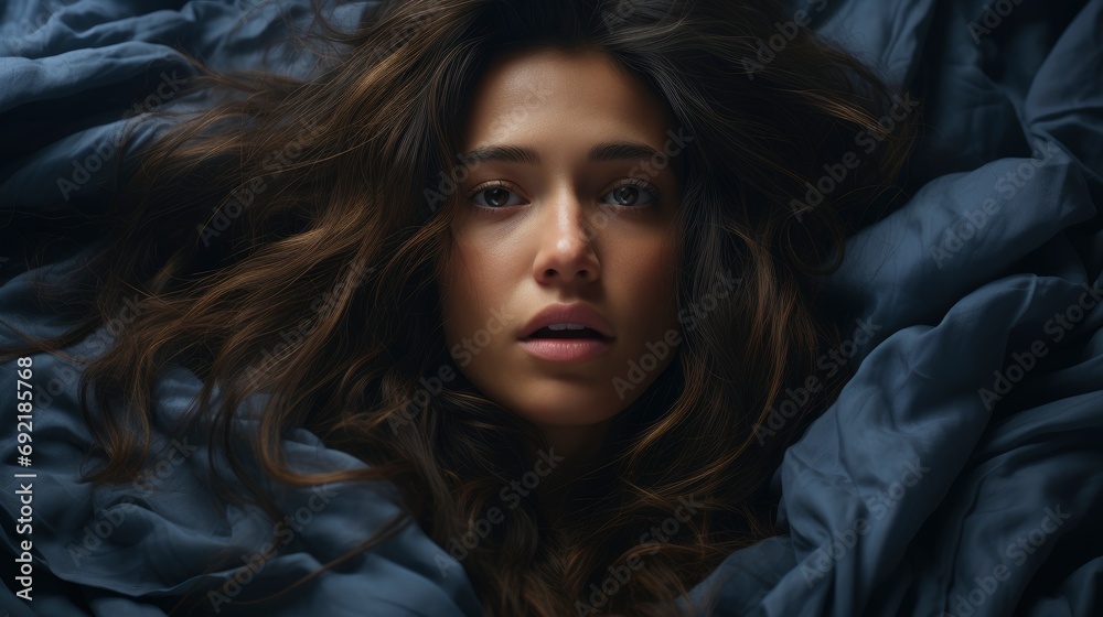 Naklejka premium Night Terrors Scared Young Woman Waking, Background HD For Designer 