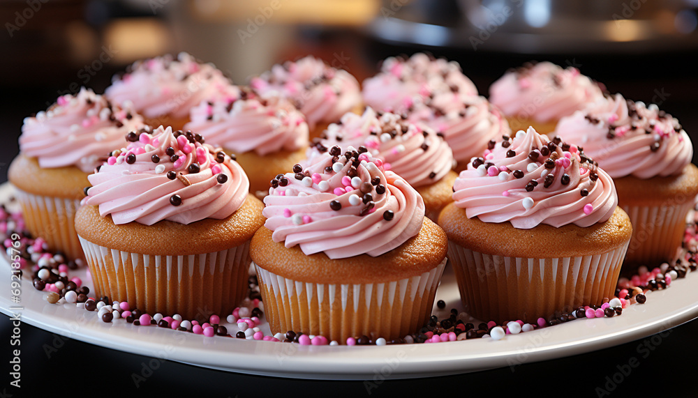 Freshly baked cupcakes with pink icing and chocolate decoration generated by AI