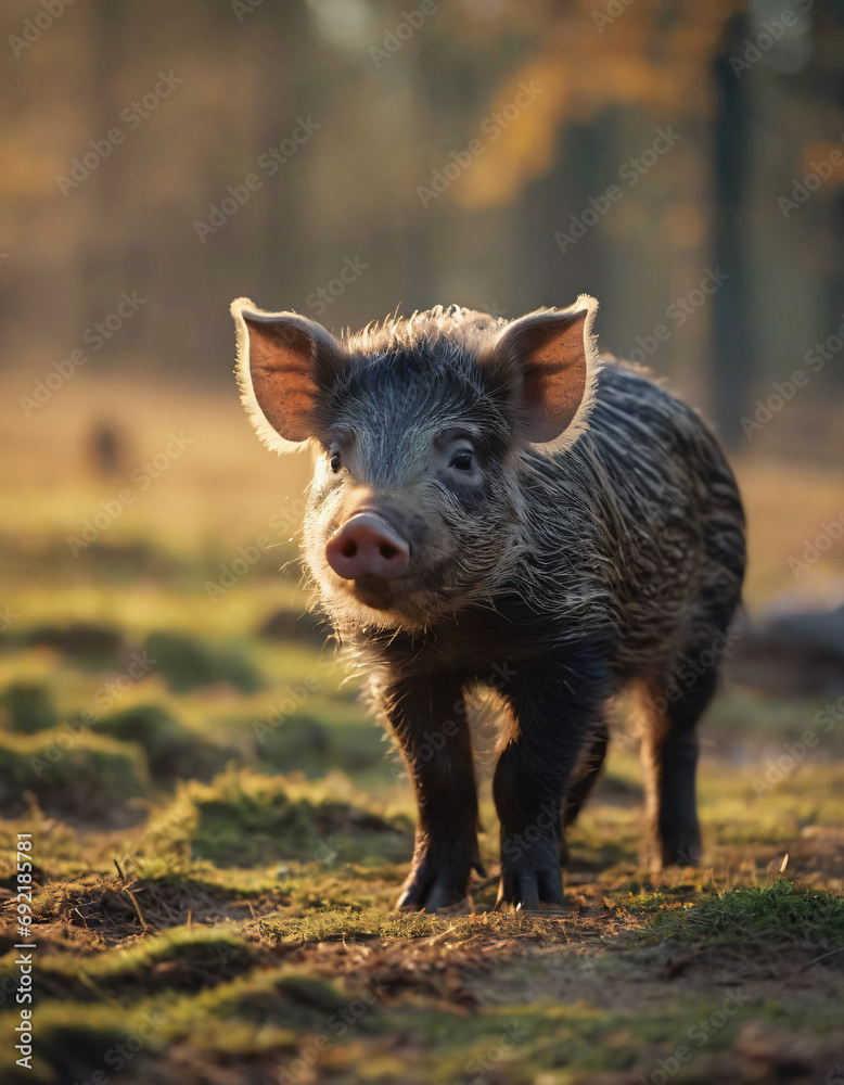 baby boar oustide, discovering the forest
