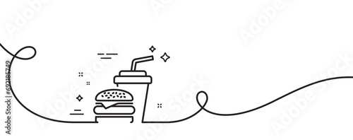 Hamburger with drink line icon. Continuous one line with curl. Fast food restaurant sign. Hamburger or cheeseburger symbol. Hamburger single outline ribbon. Loop curve pattern. Vector