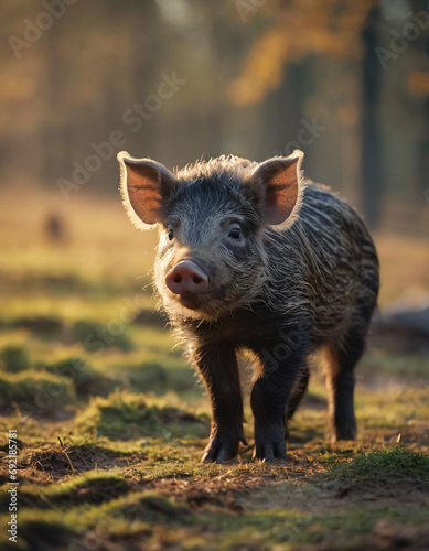 baby boar oustide, discovering the forest