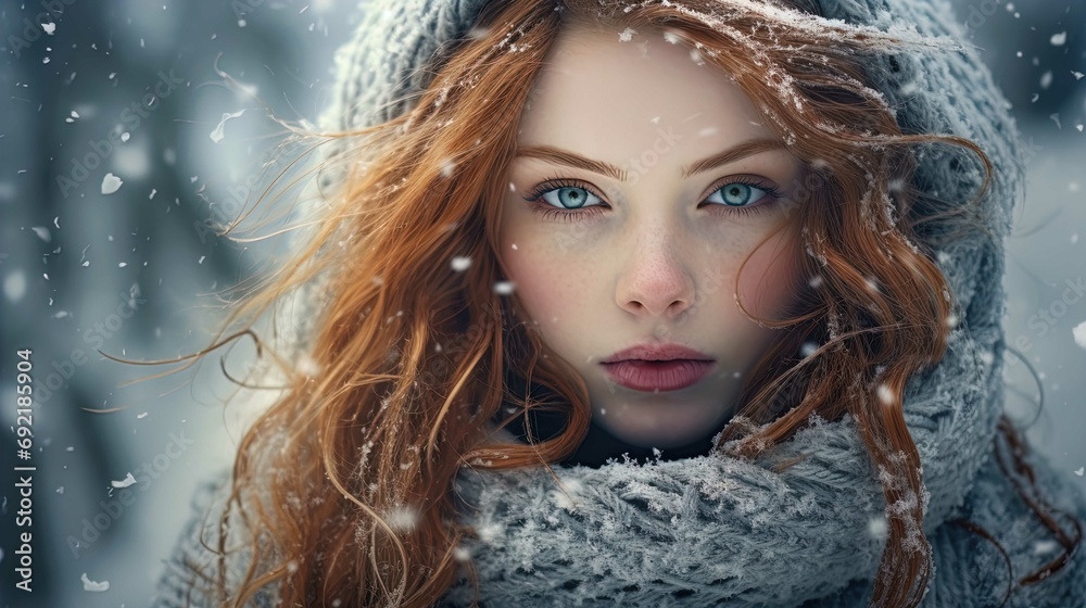 The image shows a close-up of a woman with striking blue eyes and red hair. Snowflakes are gently falling around her, and some are resting on her hair and winter clothing, which includes a knit hat an The image shows a close-up of a woman with striking blue eyes and red hair. Snowflakes are gently falling around her, and some are resting on her hair and winter clothing, which includes a knit hat an