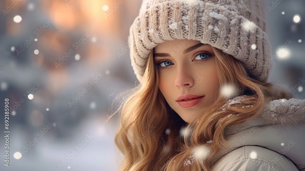 This is a close-up portrait of a young woman dressed for cold weather. She has fair skin and blue eyes, and her blond hair falls in gentle waves around her face. The woman is wearing a knitted woolen This is a close-up portrait of a young woman dressed for cold weather. She has fair skin and blue eyes, and her blond hair falls in gentle waves around her face. The woman is wearing a knitted woolen