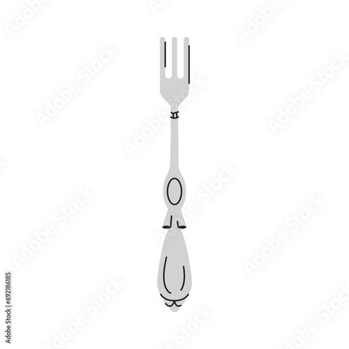 Fancy silver Cutlery set with table knife  spoon  fork  napkin  dessert  tea. Various shapes. Vintage style. Restaurant  dinner concept. Hand drawn modern Vector illustration isolated on background