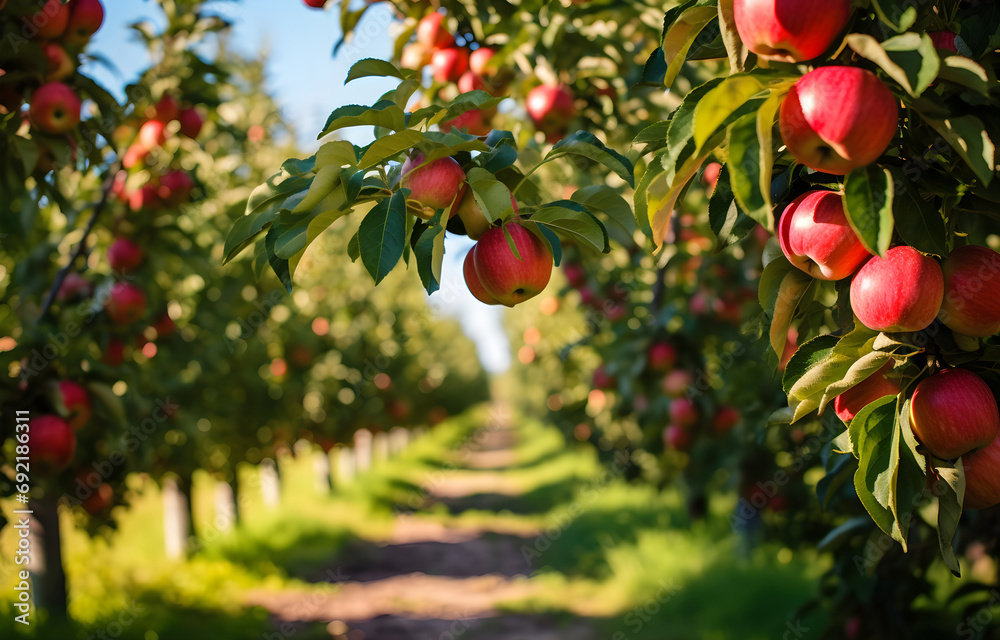 alley with apple trees and apple fruits on them summer day