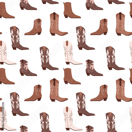 Seamless pattern with different cowgirl boots. Traditional western cowboy brown boots decorated with embroidered wild west elements. Vector art illustrations isolated on background