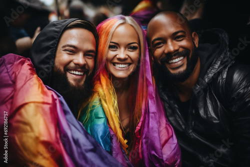 portrait of a girl at a gay pride parade, happy and joyful emotions with friends, LGBT concept photo