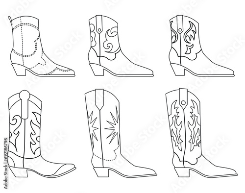 Set of different cowgirl boots outline. Traditional western cowboy brown boots decorated with embroidered wild west elements. Vector art illustrations isolated on white background