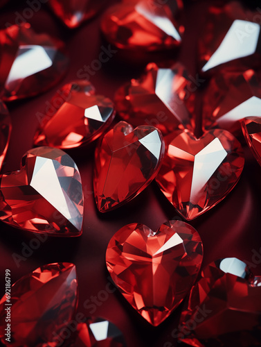 Red crystal hearts on red background