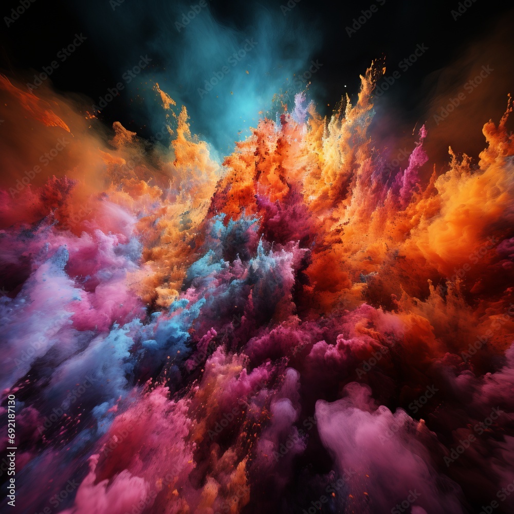Abstract dynamic explosion of colored powder, Concept: background for creative projects, festival advertising and illustrations of energy and movement. Banner with copy space