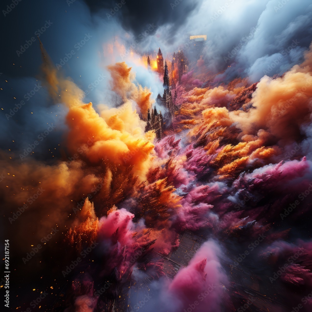 Abstract dynamic explosion of colored powder, Concept: background for creative projects, festival advertising and illustrations of energy and movement. Banner with copy space