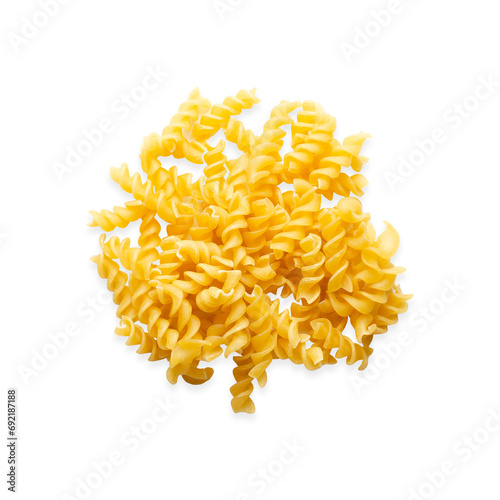 A heap of fusilli pasta on white background. Square format.