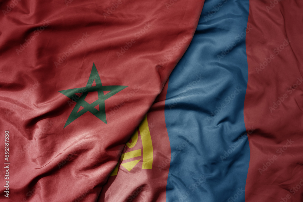 big waving national colorful flag of mongolia and national flag of morocco . big waving national colorful flag of mongolia and national flag of morocco .