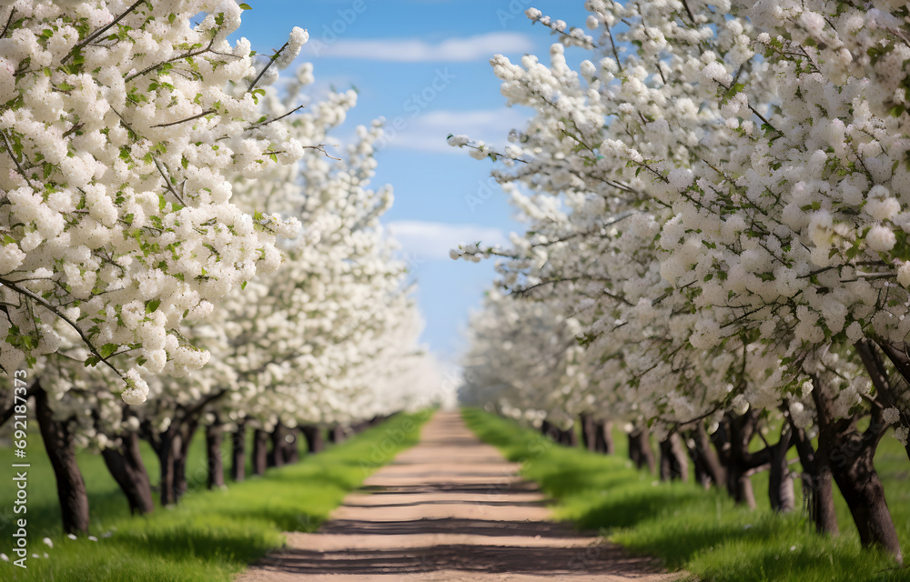 alley with blossom apple trees spring day alley with blossom apple trees spring day