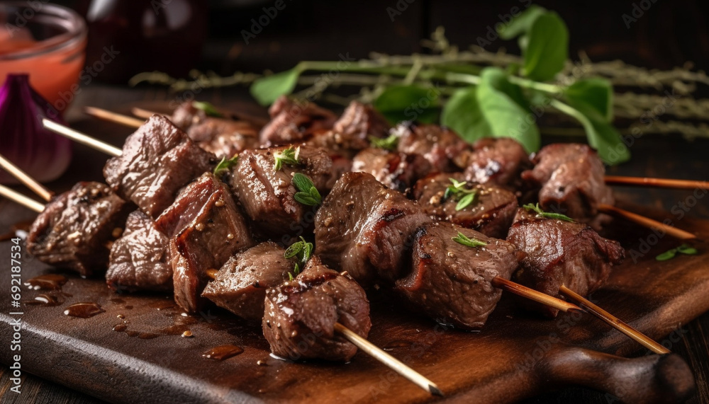 Grilled meat skewers, gourmet beef and pork, cooked to perfection generative AI