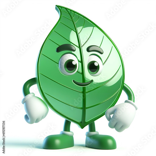 Funny cartoon of a green leaf. Tree world Day. AI generated photo