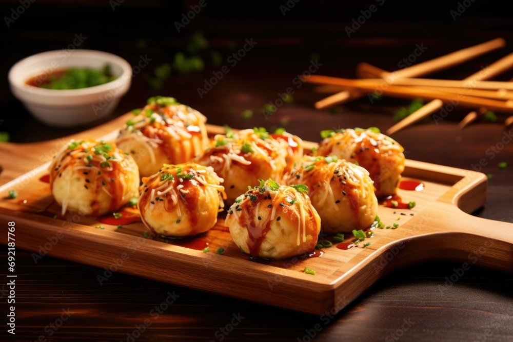 Takoyaki, a popular Traditional Japanese snack. octopus balls. street