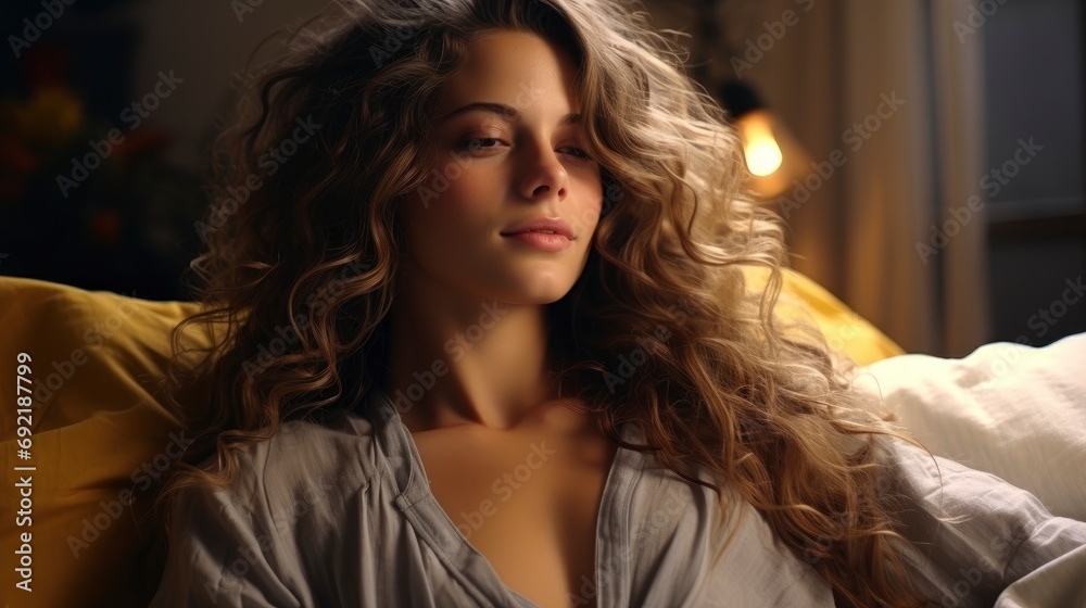 Portrait Young Attractive Woman Lying Bed, Background HD For Designer Portrait Young Attractive Woman Lying Bed, Background HD For Designer