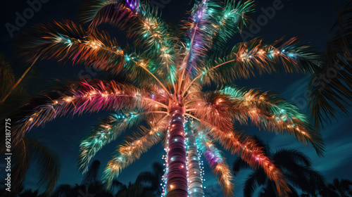 Christmas Lights on a Palm Tree at Night 