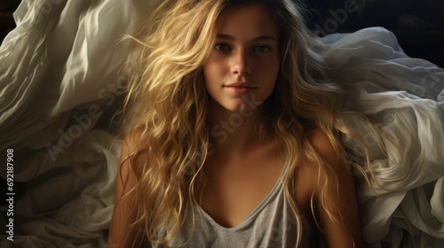 Portrait Young Woman Waking Bed Using  Background HD For Designer        