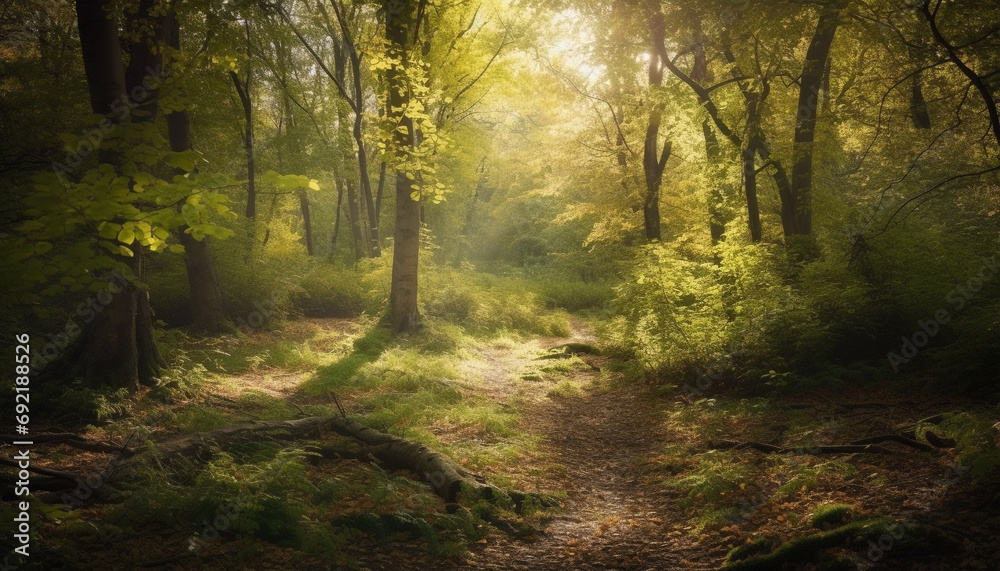 Tranquil forest footpath, autumn leaves, mystery in the fog generative AI