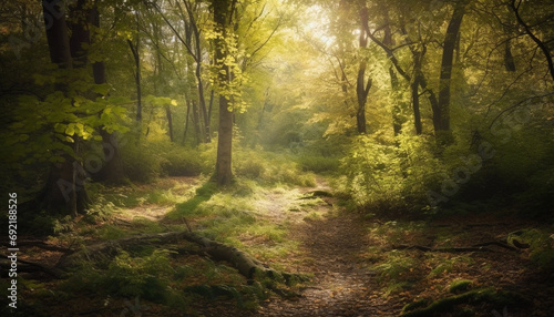 Tranquil forest footpath, autumn leaves, mystery in the fog generative AI © Jeronimo Ramos