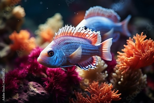 A tropical fish with bright blue and red colors swims among the coral reef in an aquarium. Concept  marine life breeding and care.