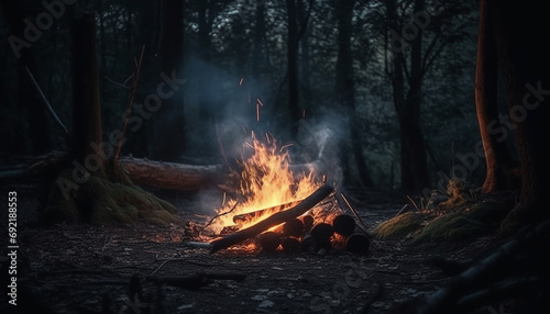 Burning campfire illuminates dark forest, men gather around glowing inferno generative AI
